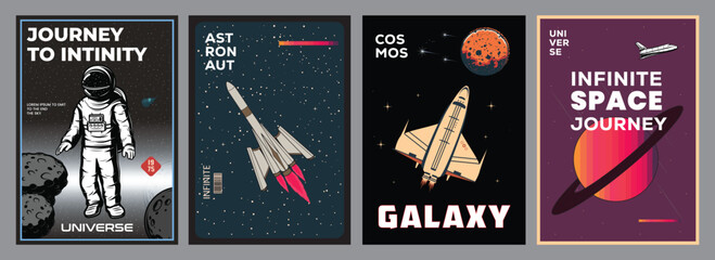 Space Exploration Posters. Retro vector designs featuring astronauts, rockets, planets, and cosmic scenery. Ideal for covers, banners, posters, and space and the universe © AKANDA