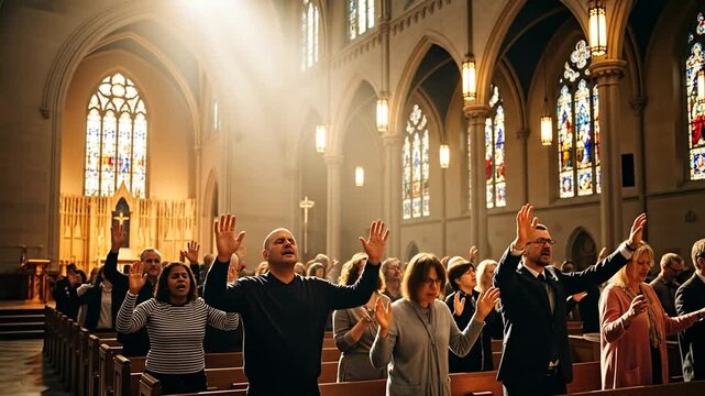 Congregation expresses faith raising hands in bright sanctuary worship ceremony