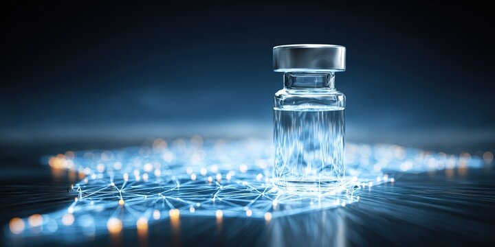 Clear glass vial containing liquid sits on a glowing surface with digital connections in a modern abstract setting - Powered by Adobe