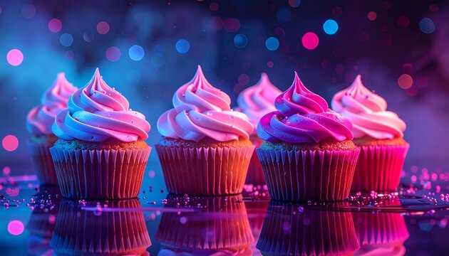 Cupcakes with Shiny Frosting Displayed Under Colorful Neon Lights