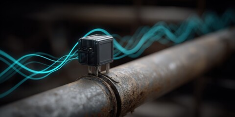 Monitoring device placed on industrial pipe in an urban setting with digital signals indicating flow or pressure changes