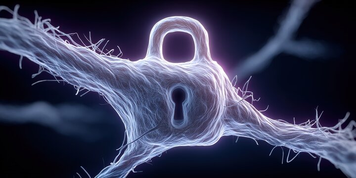 Intricate representation of a neuron with a padlock symbolizing brain security and data protection in neural networks