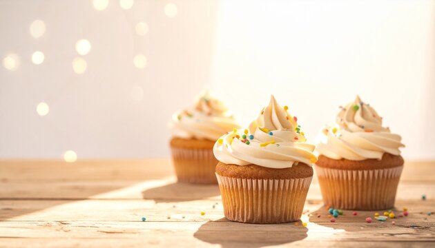 Three delicious cupcakes with creamy frosting and colorful sprinkles arranged on a rustic wooden surface, illuminated by soft ambient light and bokeh effects