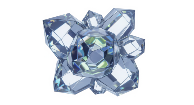A cluster of sparkling multifaceted light blue crystals arranged in a floral or starburst pattern isolated on transparent background