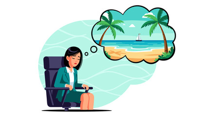 An Asian businesswoman experiences burnout and stress while at work, daydreaming about a tropical beach vacation to escape her overwhelming office life.