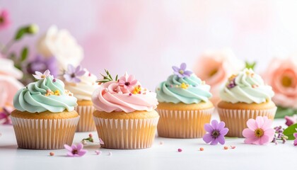 Delicate pastel cupcakes with tiny flower decorations sit on a white table, bathed in soft daylight, creating a sweet and joyful scene perfect for celebrations