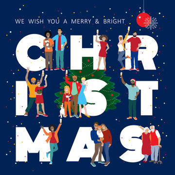 Christmas greeting square poster with diverce people and families near big letters. Vector flat illustration of happy young and elderly people and kids staying around decorated fir tree, celebrating