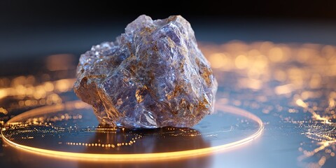 Glowing crystal rock on a digital surface with light patterns at night