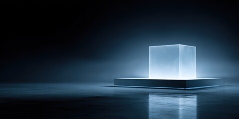 Obraz premium Mysterious glowing cube in a dark space with a reflective surface surrounded by soft light