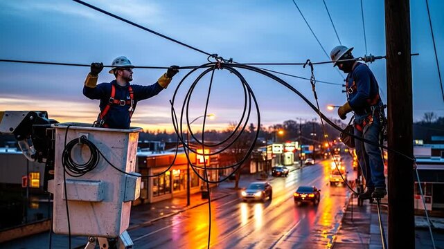 Skilled electricians repairing high voltage power lines, ensuring reliable energy grid