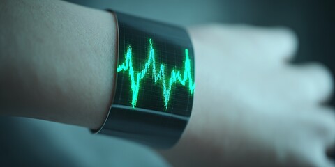Smart wristband displaying heart rate data in real-time on a person's wrist during a fitness session