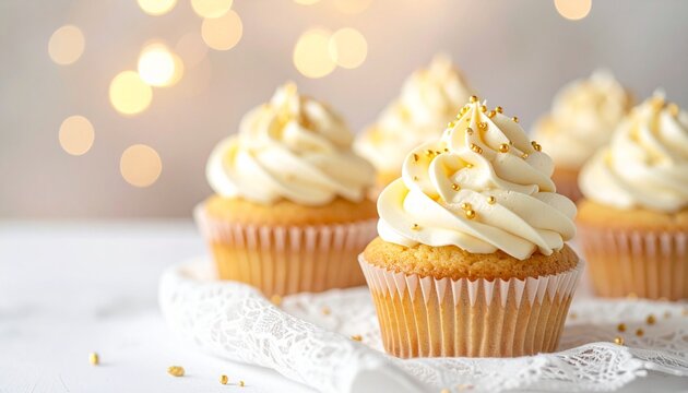 Golden Sparkle Cupcakes Delightful vanilla cakes topped with creamy white frosting and edible pearls for a festive treat