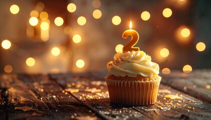 Festive cupcake with a '2' candle illuminated by soft bokeh lights, perfect for a second birthday celebration