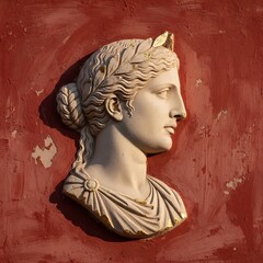 Bust of a woman with a laurel wreath on a red surface