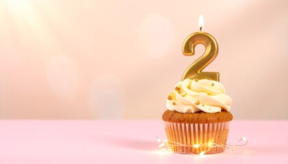 Golden number 2 candle on a creamy frosted cupcake with gold sprinkles and bokeh lights