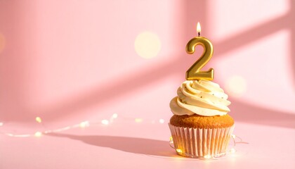 Celebratory Cupcake with Number Two Candle and String Lights on Pink Background