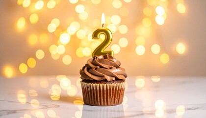 Gourmet chocolate cupcake with glowing number two candle, perfect for celebrating a second birthday or anniversary amidst soft bokeh lights