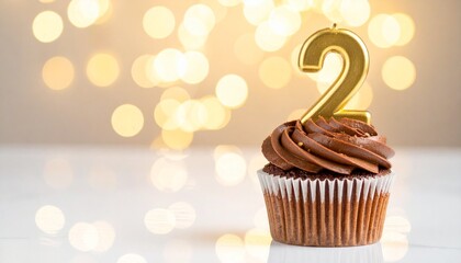 A delicious chocolate cupcake with golden numeral two candle on top, perfect for a second birthday or anniversary celebration