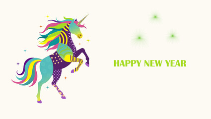 Obraz premium Colorful Rainbow Unicorn Happy New Year Greeting Card with Sparkles and Fireworks