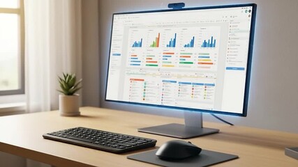 Modern digital workspace with computer monitor keyboard and mouse on wooden desk - Powered by Adobe
