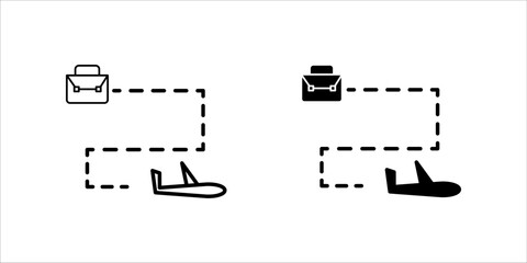business_trip_icon set Black and white icon showing a briefcase connected by a dotted line to an airplane, symbolizing a business trip, travel, and professional journey.