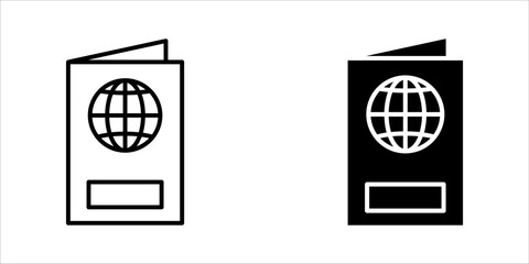 global-passport-icon set. Black icon of a passport featuring a globe symbol, representing international travel, identity, immigration, or tourism concept.