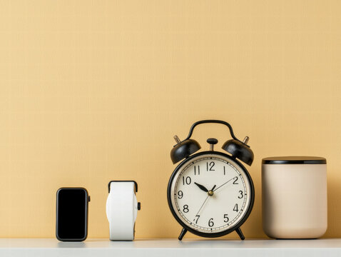 Vintage alarm clock and modern smartwatch paired on shelf conveying time contrast and calm mood