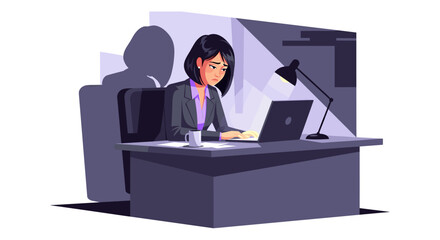 An adult Asian businesswoman experiences stress and burnout while working late at her desk, illuminated by a dim lamp and her laptop screen.