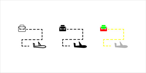 business_trip_icon set Black and white icon showing a briefcase connected by a dotted line to an airplane, symbolizing a business trip, travel, and professional journey.