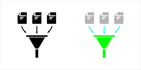 Black icon set. showing multiple documents being filtered through a funnel, symbolizing data processing, document sorting, or information filtering in digital systems.