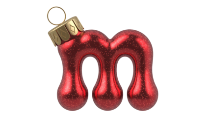 Elegant red metallic letter M Christmas ornament glistens with festive sparkle perfect for holiday design projects