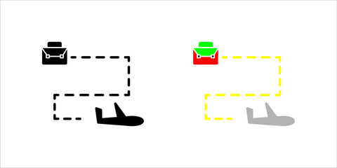 business_trip_icon set Black and white icon showing a briefcase connected by a dotted line to an airplane, symbolizing a business trip, travel, and professional journey.