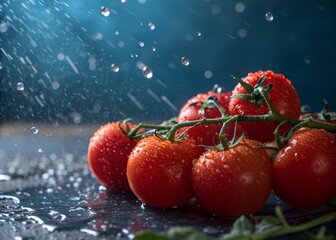 Fresh ripe tomatoes on the vine splashed with water