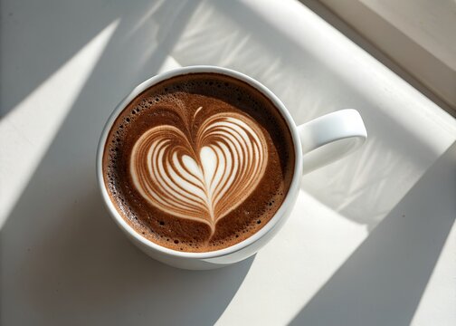 Overhead view of a white mug filled with coffee and latte art in a heart shape