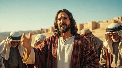 Man preaches to followers in ancient Judea, delivering an apostolic sermon about repentance to a crowd.