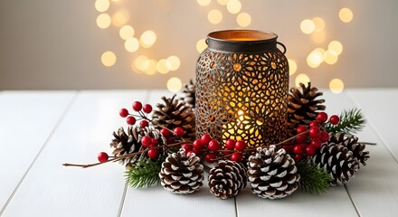 Decorative lantern surrounded by pinecones and berries for Christmas  