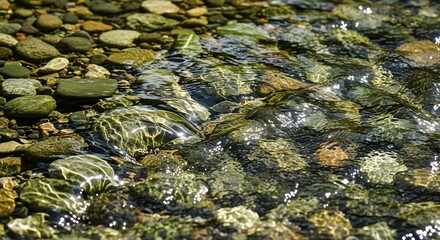 Nature stream with clear water flowing over pebbles and rocks  