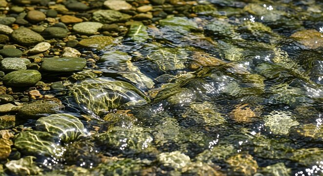 Nature stream with clear water flowing over pebbles and rocks