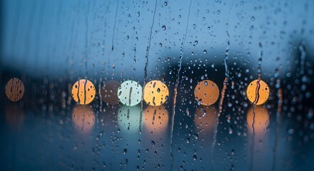 Rain droplets on window with blurred city lights at night  