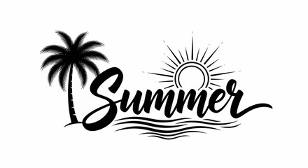 Naklejka premium Summer calligraphy logo with tropical palm tree silhouette and ocean waves, sunburst vector illustration