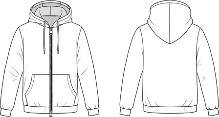 Technical hoodie sketch, zip-up sweatshirt drawing, fashion flat illustration, garment design template, apparel vector, hoodie front back view © Its Morsed here