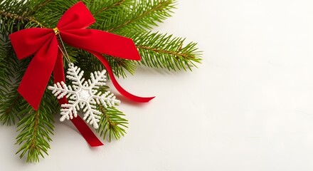 Christmas decorations with pine branches, red bow, and snowflake  