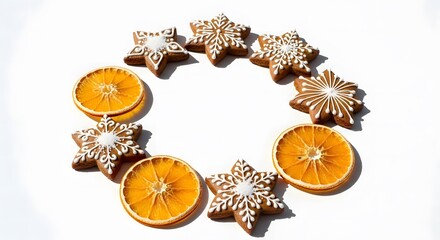 Gingerbread cookies and dried oranges arranged in circular pattern  
