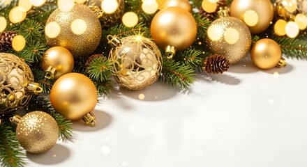 Christmas decorations with golden ornaments and pinecones on white  
