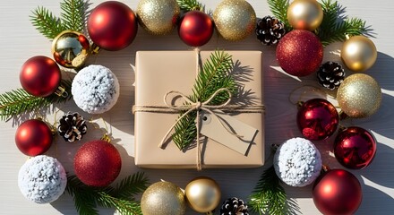 Christmas gift wrapped in brown paper surrounded by festive ornaments  