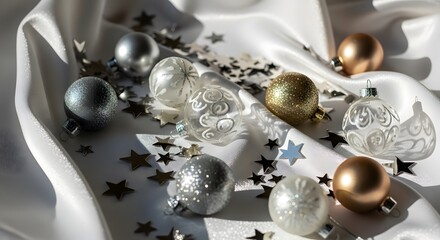 Decorative Christmas ornaments and stars on satin fabric background  