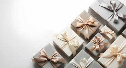 Stylishly wrapped gift boxes with ribbons on white background  