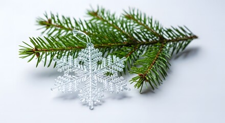 Decorative snowflake ornament resting on pine branch for winter  