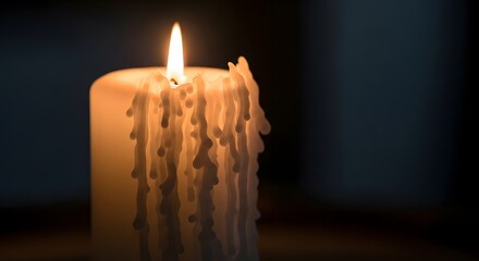 Closeup of lit candle with wax drippings in dim lighting  