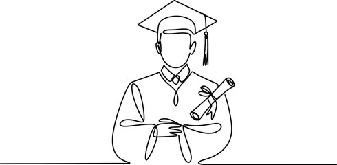 Continuous line drawing of a graduating student in cap and gown, proudly holding their diploma, symbolizing academic achievement and bright future success.